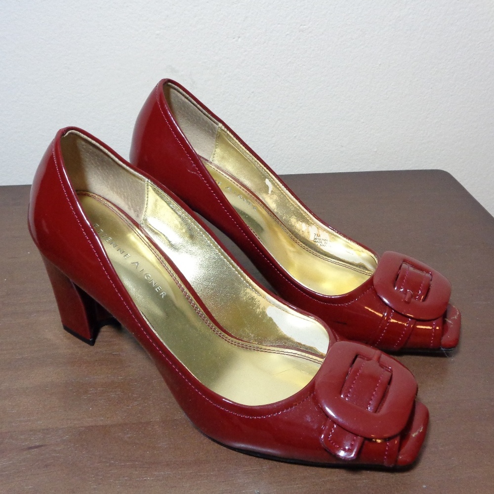 Etienne Aigner Ruby Red Peep Toe Heels Size 7m - image 1
